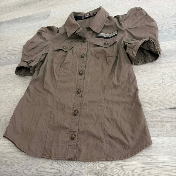 XXI Twist Puff Sleeve Military Shirt Brown Y2K Cargo Utility Safari Boho Army - Picture 6 of 6
